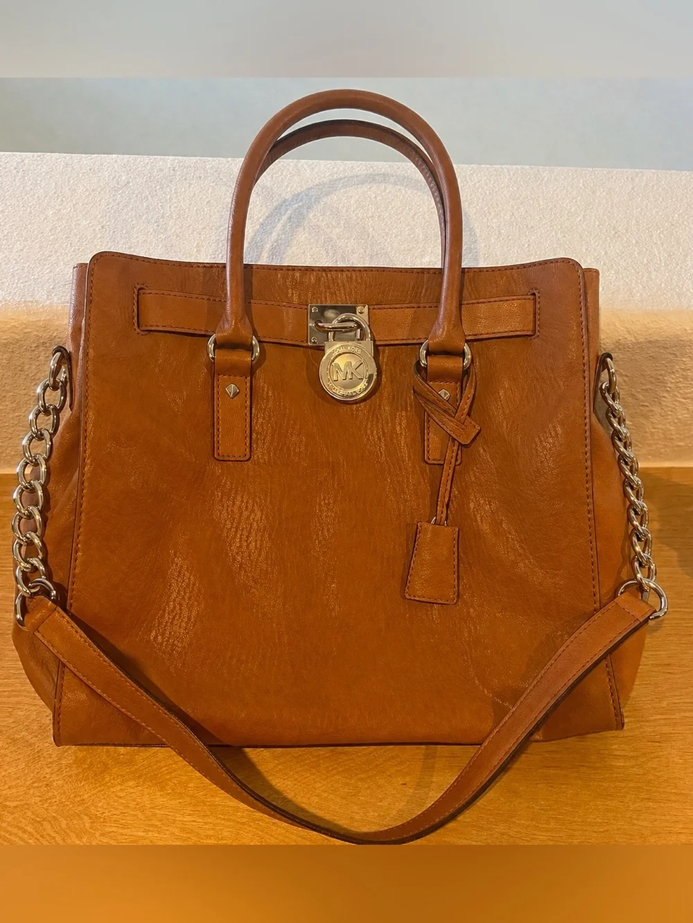 Michael Kors Hamilton Large Leather Satchel Luggage Brown Lock Key Shoulder Bag